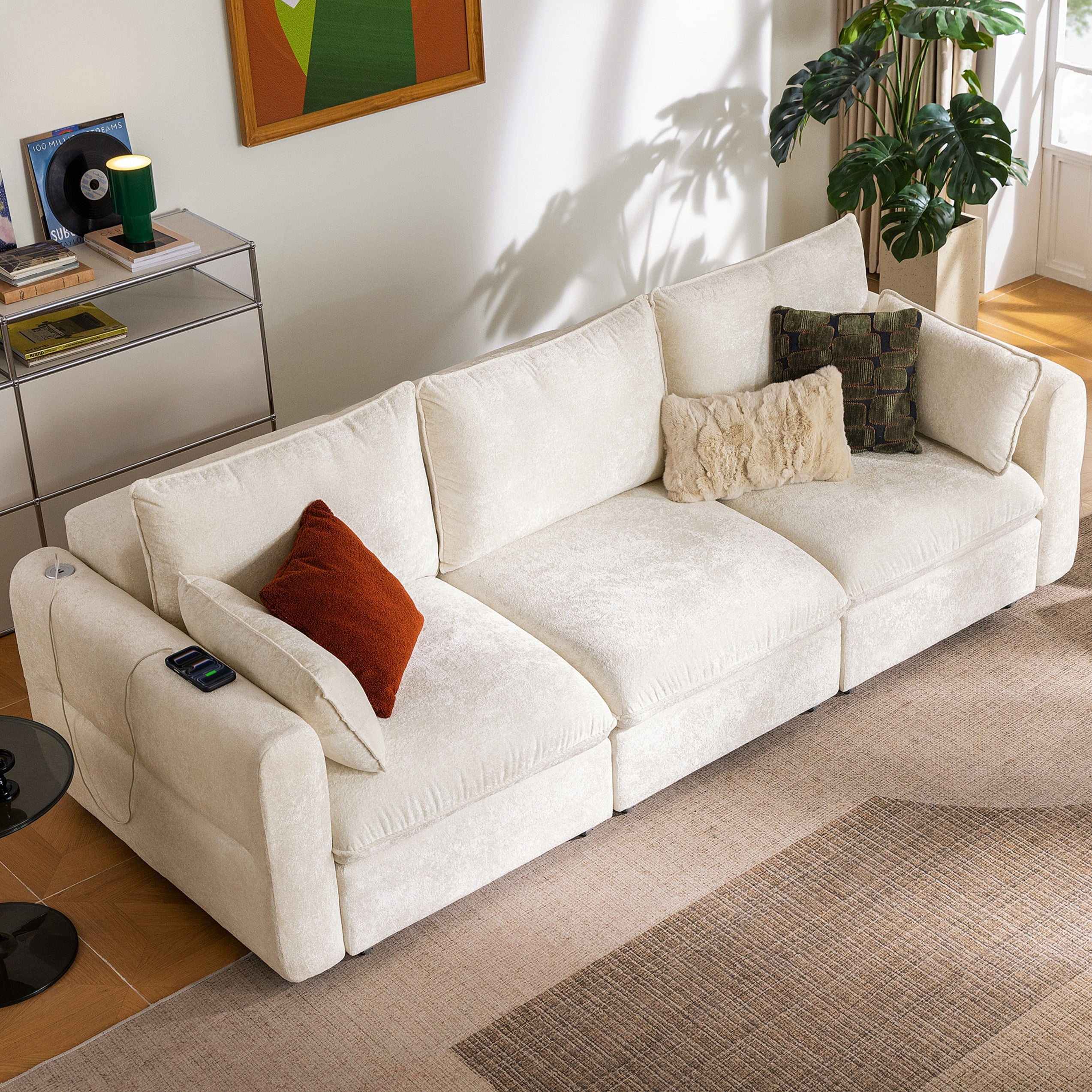 CHIC HOUSE 104" Electric Extendable Sofa Bed with Triple Motor, Convertible Smart Power Reclining Sleeper Sofa Deep Seat 3-Seat Couch with Solid Wood Frame in Velvet, Beige
