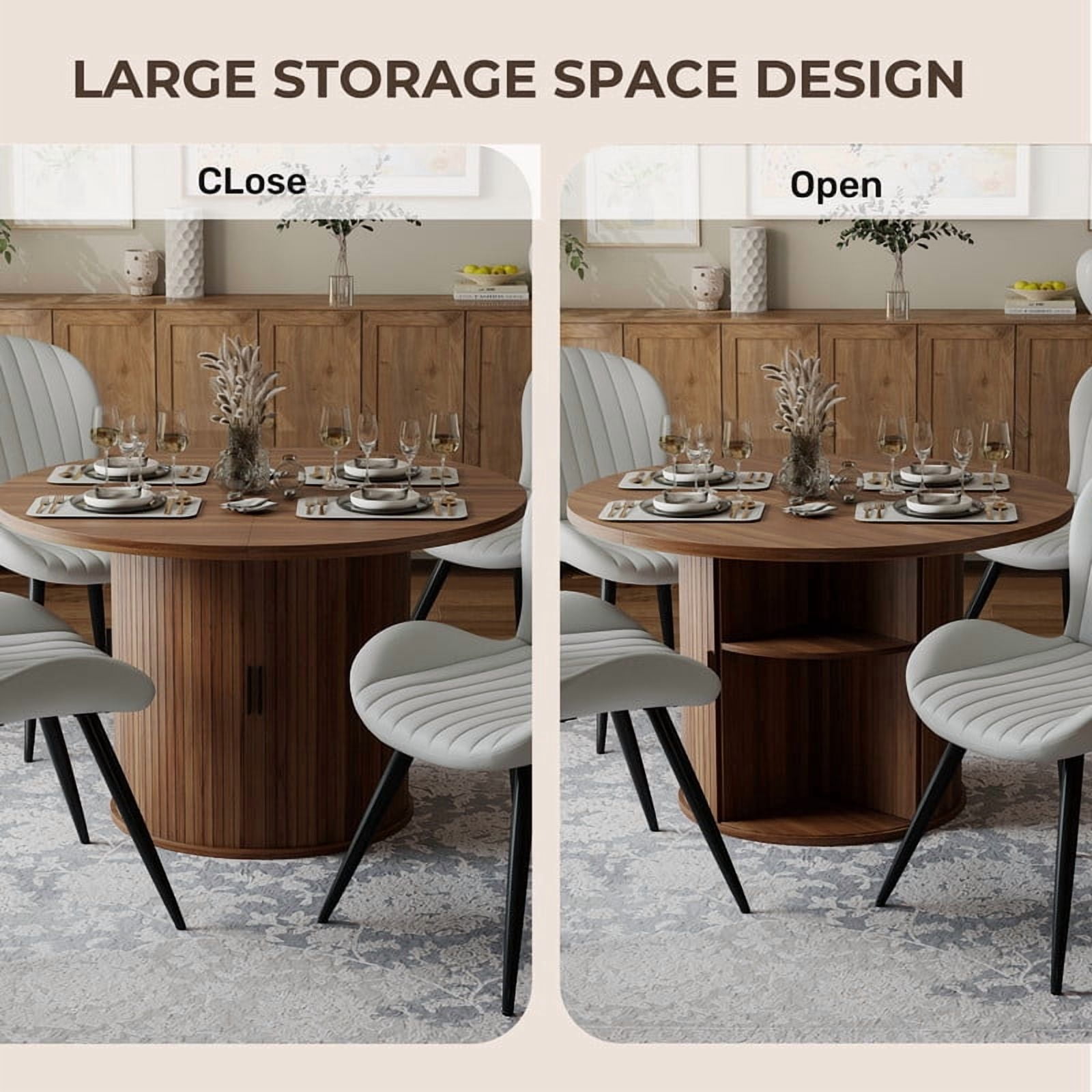 Hawsaiy 5-Piece Dining Table Set for 4, 47" Round Dining Table Set with 4 Upholstered Dining Chairs, Modern Farmhouse Table Set for Dining Room (Walnut+Beige)