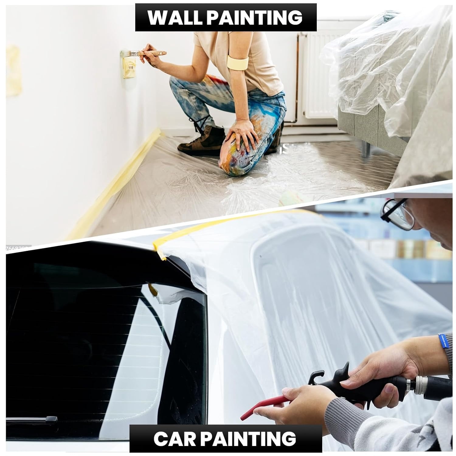 Pre Taped Masking Film with Adhesive Edge, 103 inch x 36 Yards x 3 Rolls No Residue Masking Tape for Painting, Automotive, and DIY Projects Tape and Drape for Floor Furniture Protection