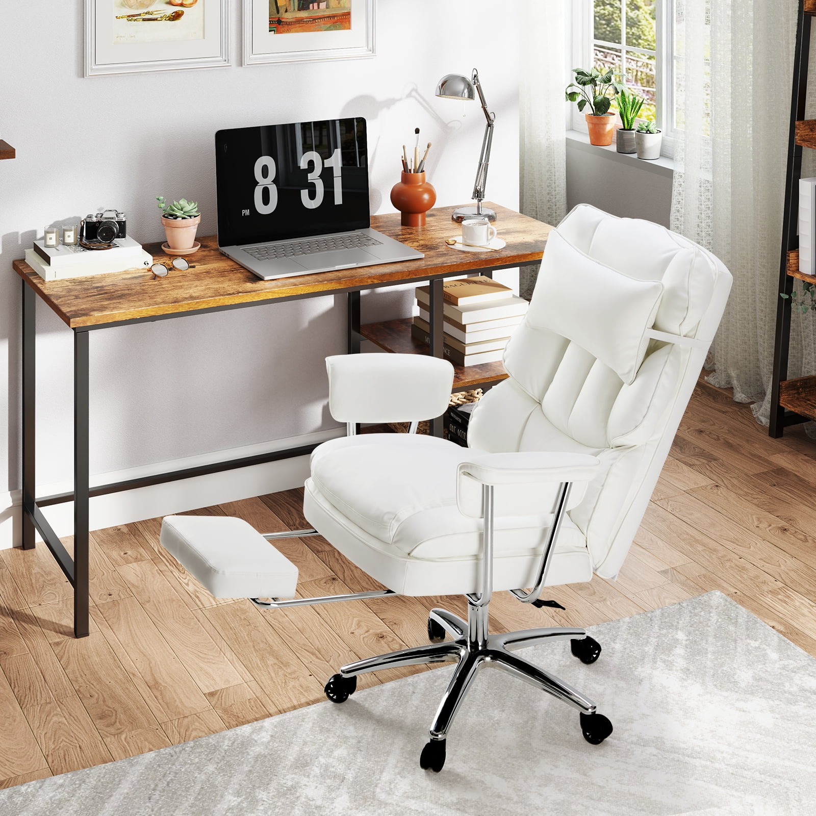 CONCETTA Executive Ergonomic Home Office Chair with Footrest & Lumbar Support, Big Tall High Back, PU Leather, Adjustable & Swivel, White