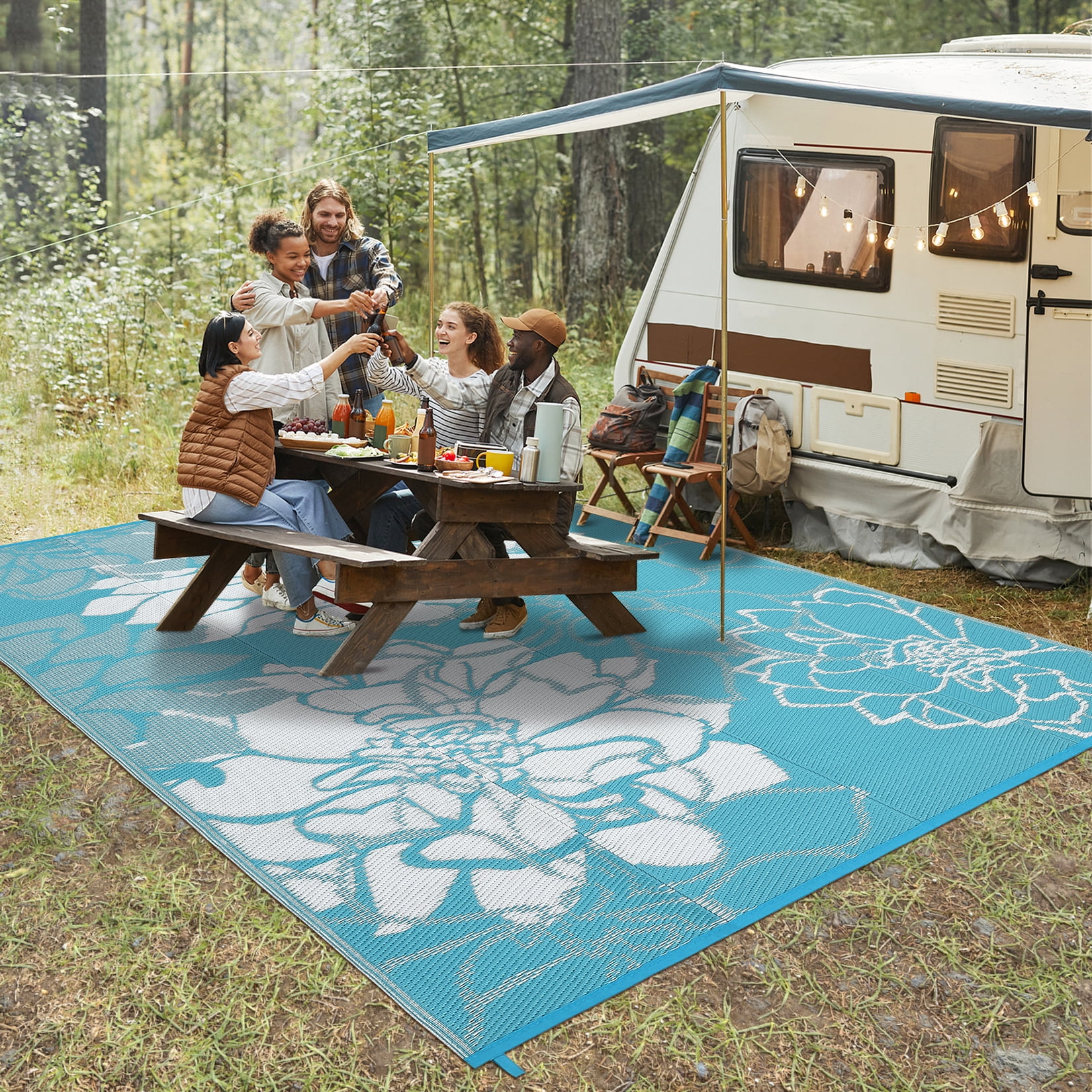 Nanan 8x10ft Outdoor Rug Waterproof Reversible Plastic Straw Patio Rug, UV Resistance Portable Floral Camping Carpet for Deck, Porch, Balcony, Backyard, Light Blue