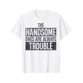 thumbnail image 1 of GOURD DOLL ' Summer Casual T-Shirt - "The Handsome Ones Are Always Trouble" Bold Letter Print, Red Crew Neck Tee, Machine Washable, Comfort Fit, 1 of 6