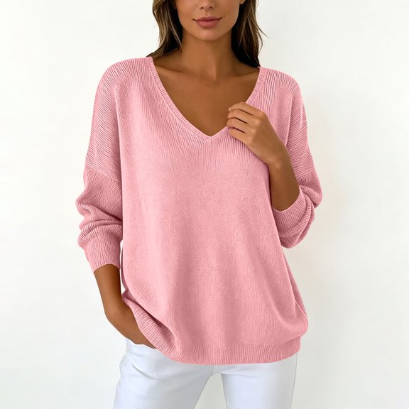 thefmos Women's V Neck Long Sleeve Knit Pullover Sweater Solid Color Casual Loose Fit Blouse Fashion Fall Winter Outfit, Pink M
