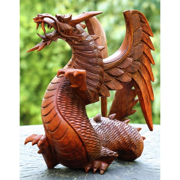 Wooden Dragon Handmade Sculpture Statue Handcrafted Gift Art Decorative Home Decor Figurine Accent Decoration Artwork Hand Carved Size: 12" tall x 10" wide x 5" deep