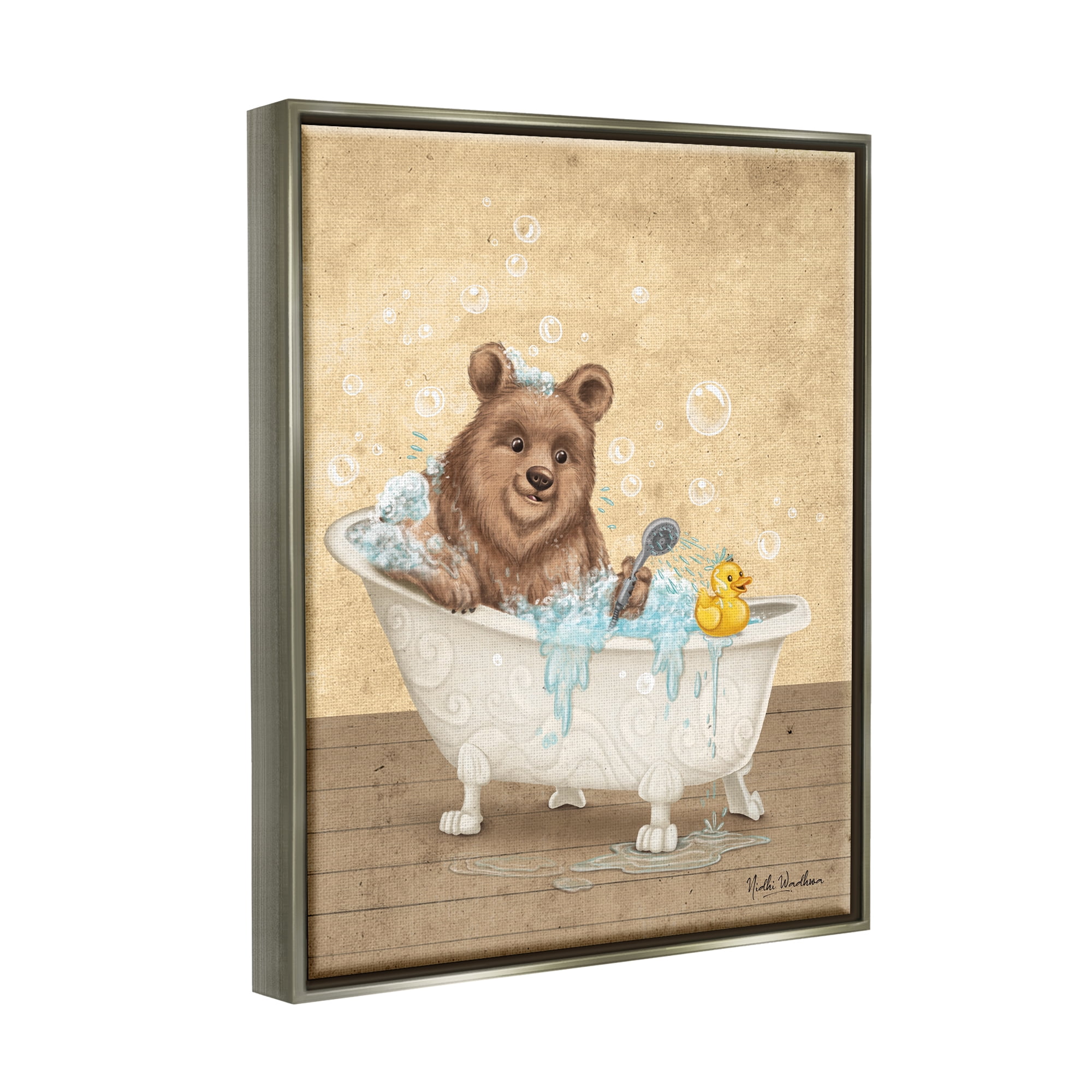 Stupell Industries Bear & Rubber Duck Bath Animals & Insects Painting Gray Floater Framed Art Print Wall Art, 25 x 31