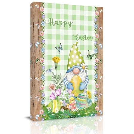 Canvas Wall Art Easter Framed Canvas Prints for Hallway Living Room Gnomes Flowers Duck Eggs Green Lattice Wooden Gallery Wrapped Wall Decor for Home Office Gifts 20 x30 Ship Next Day