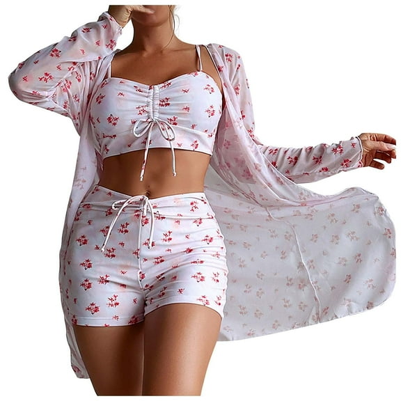 WREESH Womens 3 Piece Swimsuits Board Shorts Bikini Set with Kimono Beach Cover Ups Printed Bikini Straps Bikini Deep V Split Swimsuit Set Swimsuit Set Bathing Suit Pink