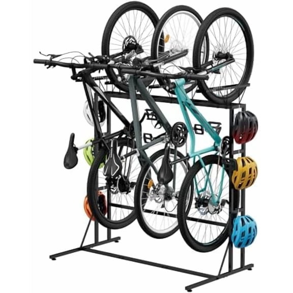 Bike Rack Garage Floor Bike Storage Stand with 6 Hooks, Indoor Vertical Bicycle Organizer for 3 Adult Mountain/Road &1 Kids Bikes, Max Tire Width 2.6”, Black$$Tools & Hardware Other