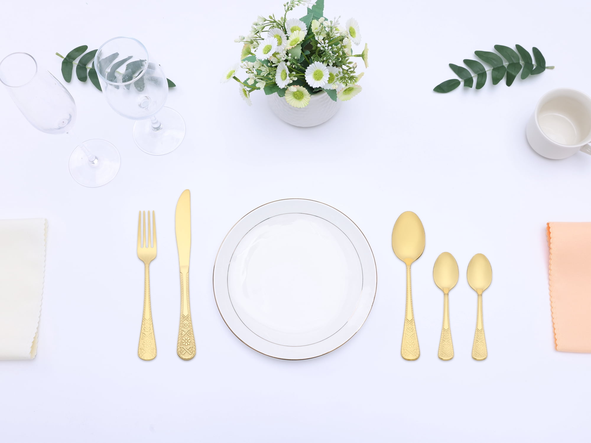 Unique Bargains 20 Piece Stainless Steel Floral Dinner Flatware Set Gold 20