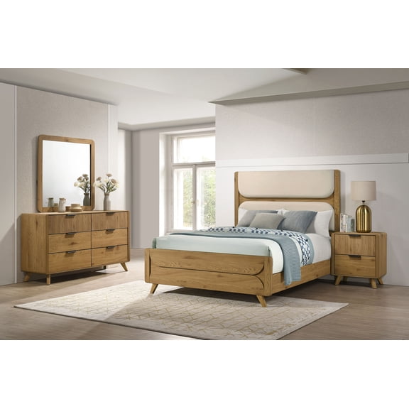 Coaster Bennett Queen Upholstered 4-Piece Mid-Century Bedroom Set, Light Oak