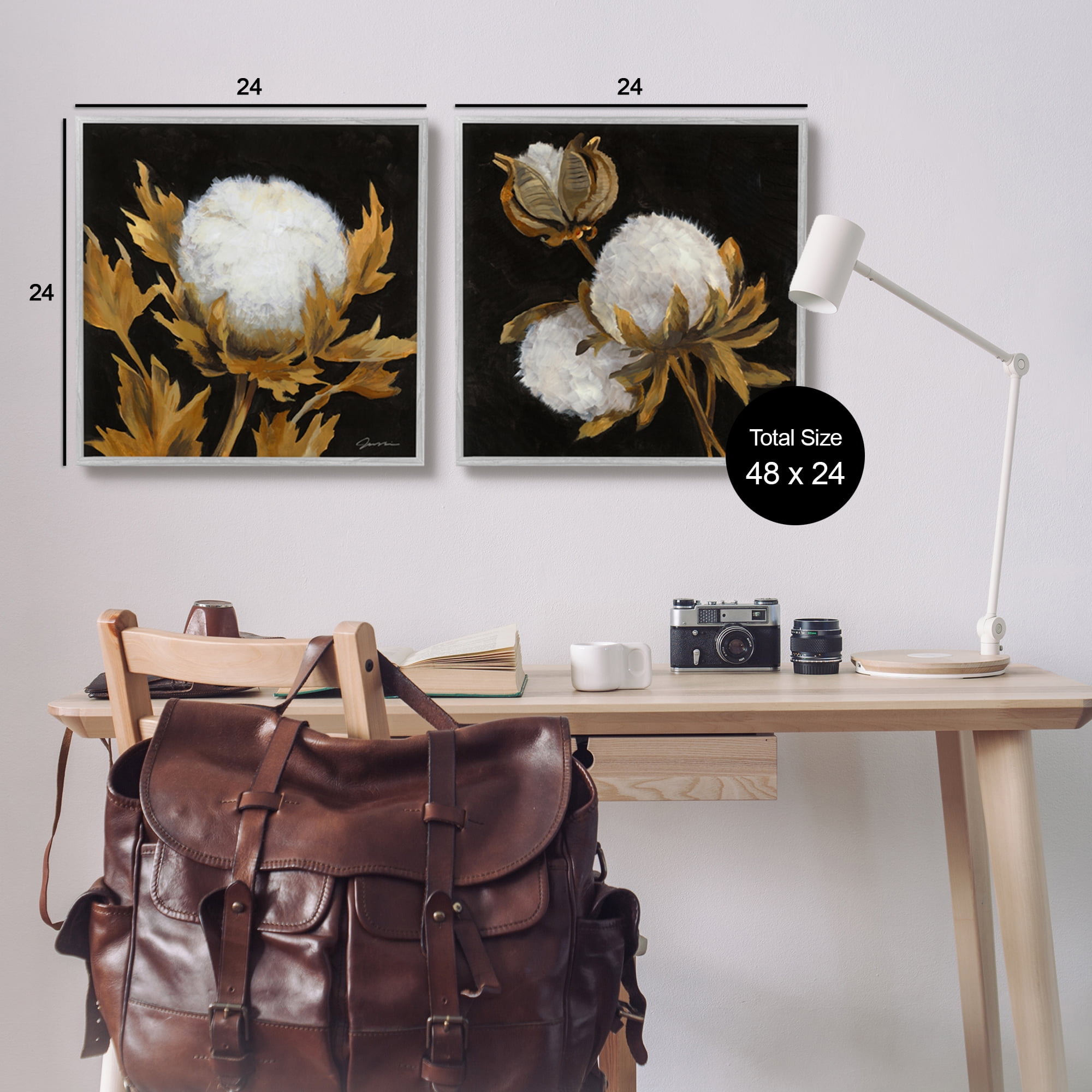 Stupell Industries Dark Cotton Flowers Botanical & Floral Painting Gray Framed Art Print Wall Art, 24 x 24, Set of 2