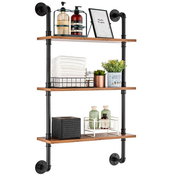 VEVOR Industrial Pipe Shelf, 3 Tier 24x7.87in, Wall-Mount Floating Rustic Wood Shelves Bracket Display Bookshelf, Storage Rack Sundries Holder for Kitchen Bedroom Bathroom Living Room,