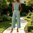 thumbnail image 6 of Mifsaly Linen Sets for Women 2 Piece Summer Casual Sleeveless Crop Top and High Waisted Wide Leg Long Pants Dressy Casual Office Vacation Matching Lounge Outfits Mint Green,M, 6 of 8