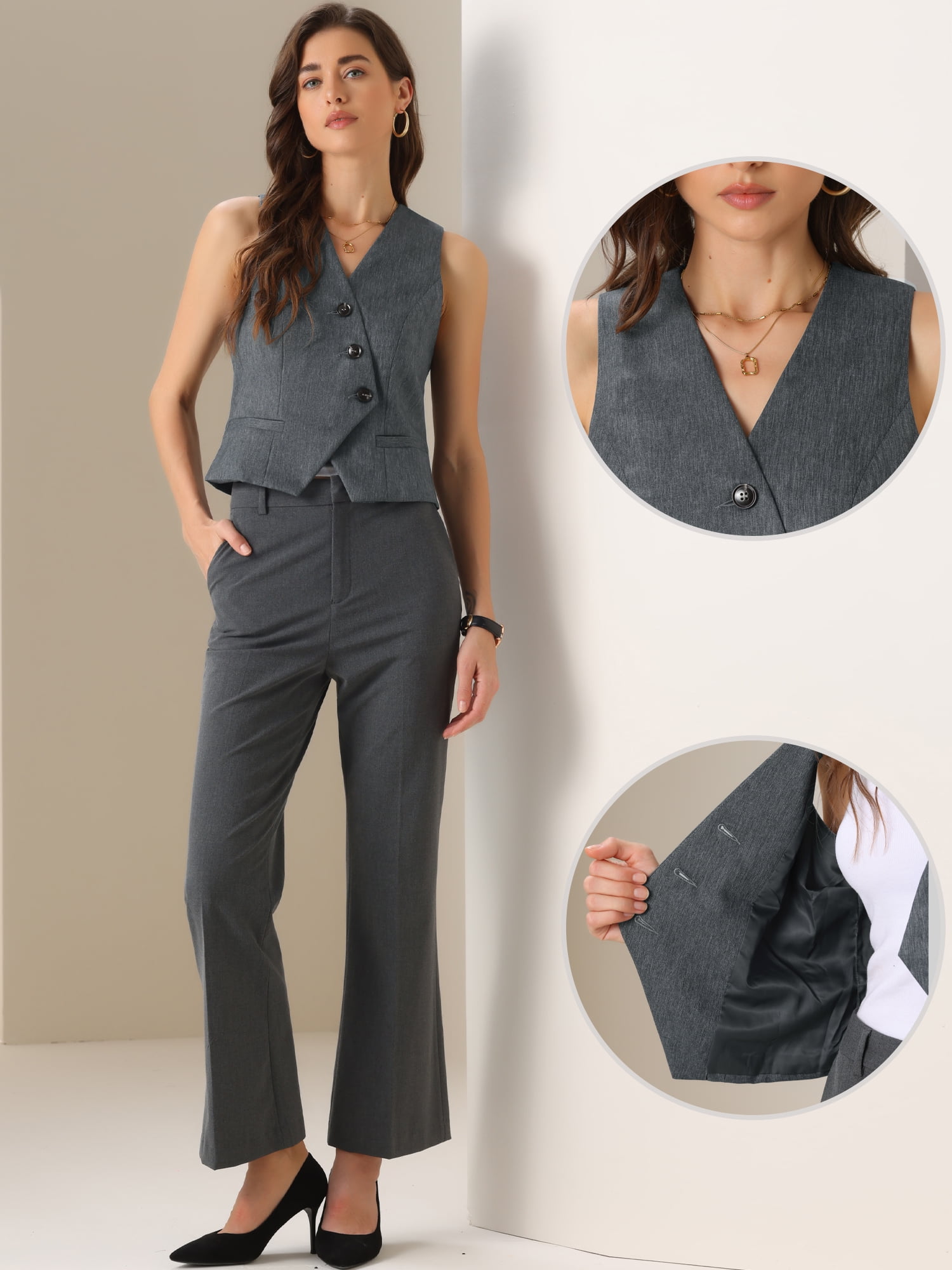 Women's V-Neck Button-Down Work Blazer Vest Waistcoat M Gray - image 2