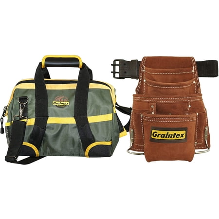 UPC: 0819972029748 | Graintex SS2974 10 Pocket Nail & Tool Pouch Brown Color Suede Leather with 2? Leather/Webbing Belt and 12? Tool Bag Combo Pack for Constructors  Electricians  Plumbers  Handymen  Contractors