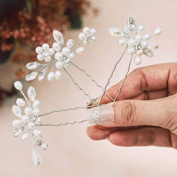Silver Bride Wedding Hair Pins Pearl Bridal Hair Pieces Flower Hair Accessories Rhinestone Prom Hair Clips for Women and Girls (Pack of 3)