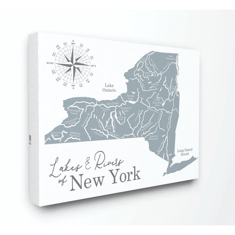 Stupell Industries Lakes And Rivers New York State Blue Map Canvas Wall Art by Daphne Polselli