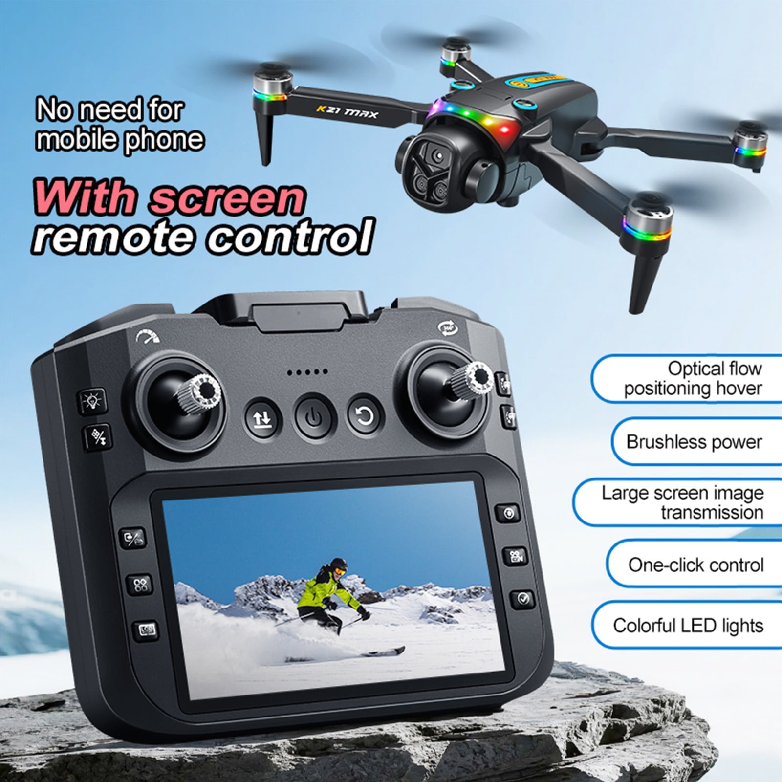 Drone with Screen Remote Control, Brushless Motor And Cool LED Lights Drones, One Click Takeoff And Landing, Folding Body