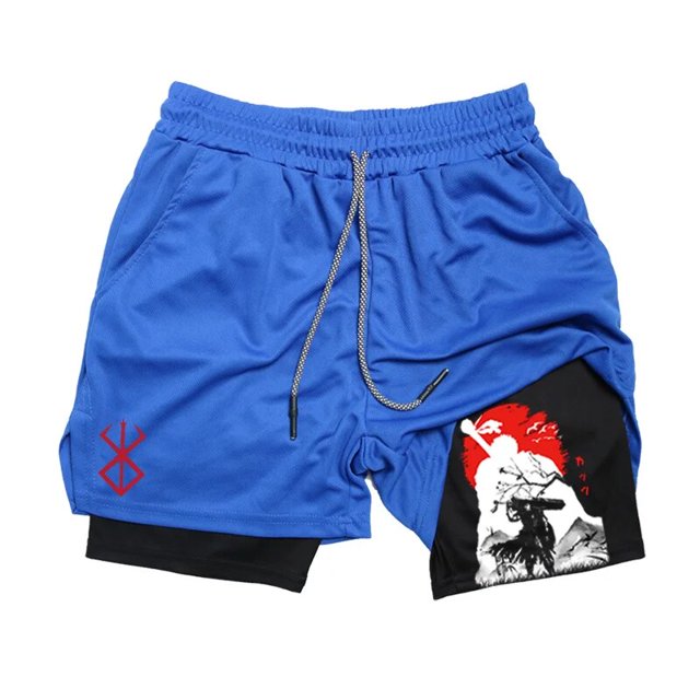 Pantalones cortos de gimnasio de Anime para hombre, 2 en 1, transpirables, absorbentes del sudor, de secado rápido, para entrenamiento, gimnasio, con bolsillos