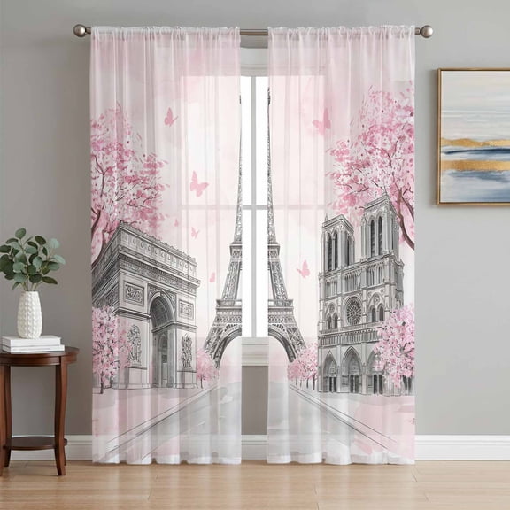 Paris Eiffel Tower Sheer Curtains 84 Inch Length 2 Panels Set, Pink Cherry Blossom Romantic Flowers Voile Window Treatment Rod Pocket Curtains Sheers Drapes for Bedroom/Living Room/Kitchen 52"x84"x2