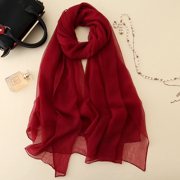 Xiao Hua Elegante bufanda personalizada, nueva bufanda de gasa de color liso, bufanda arrugada, bufanda playera, chal largo (rojo vino)