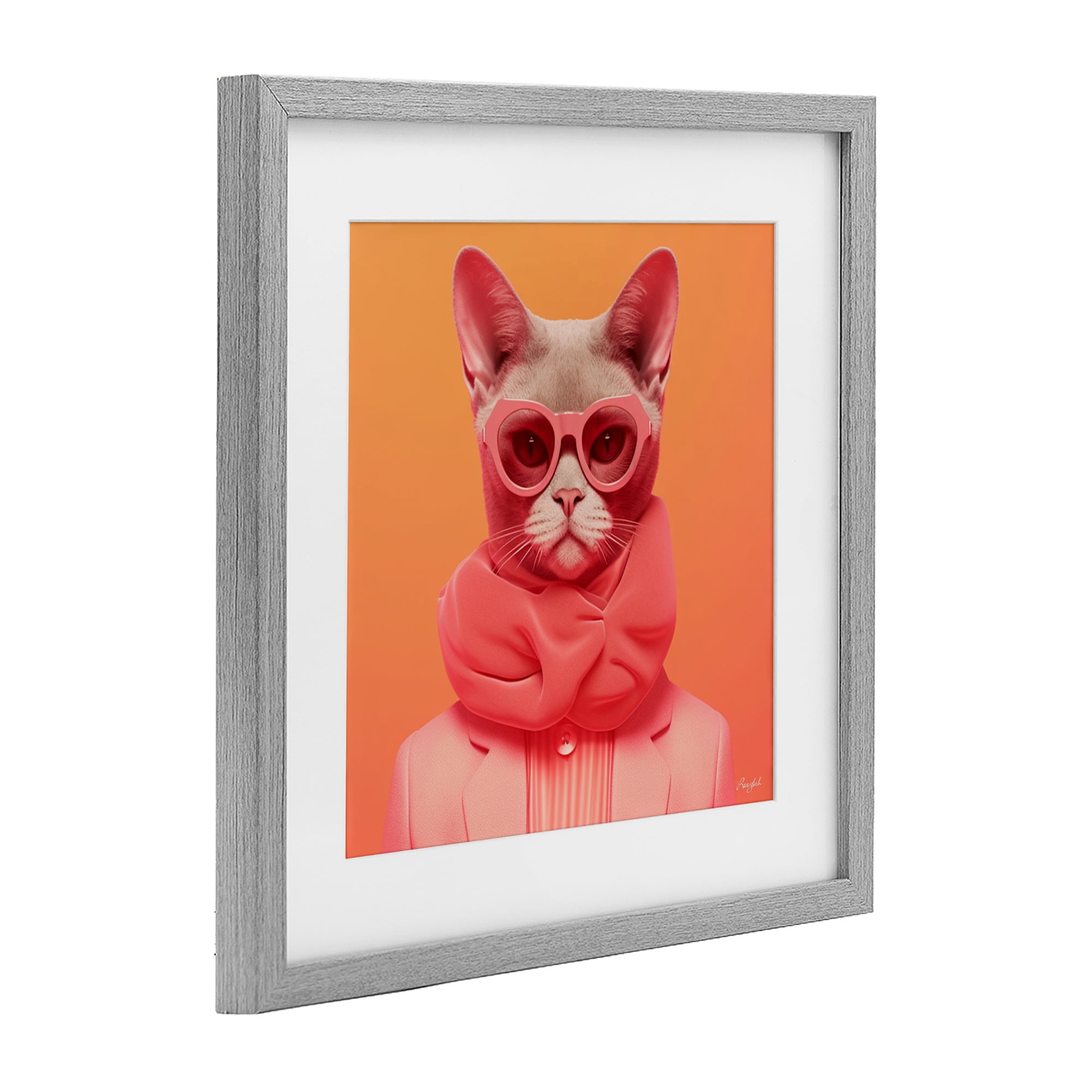 Stupell Industries Retro Glasses Cat on Orange Gray Framed Print Under Glass, design by Roozbeh