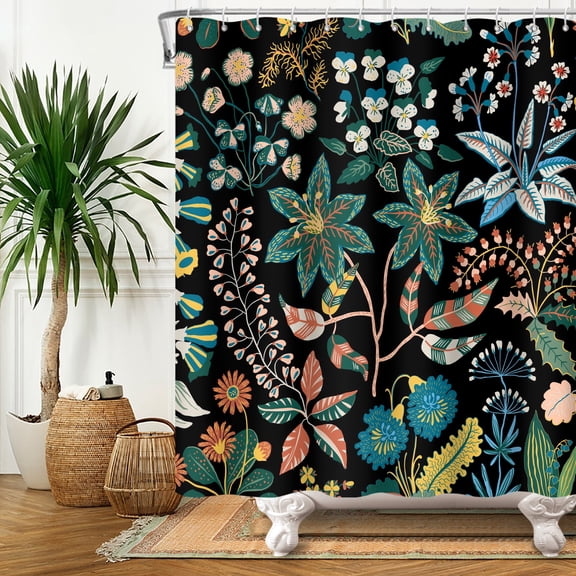 MIZHONA Boho Floral Shower Curtain Black Flowers Fabric Bathroom Curtain 72x72 in