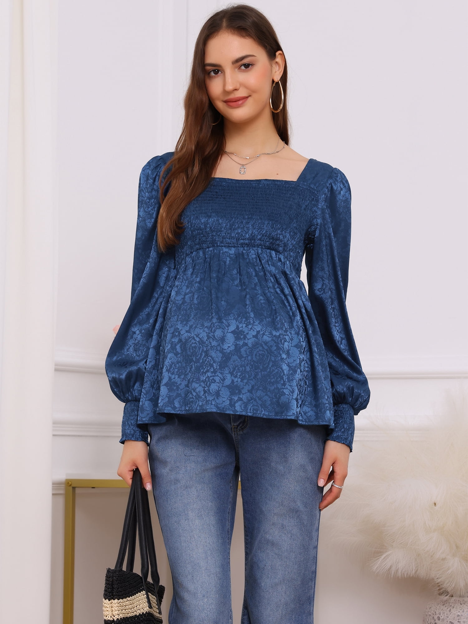 DARING DIVA Women's Maternity Jacquard Square Neck Lantern Sleeve Blouses XL Blue