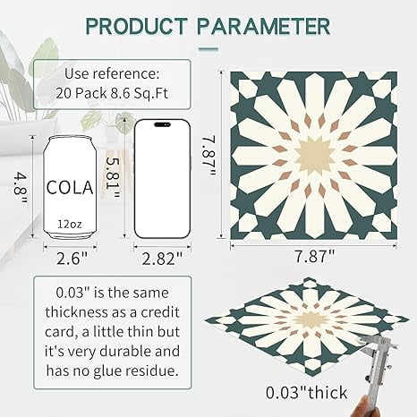MORCART Peel and Stick Floor Tile - 20 PCS, 7.87" x 7.87" Vinyl Flooring - Waterproof Self-Adhesive Tile Sticker for Wall Backsplashes, Bathroom, Kitchen - Green Floral Look