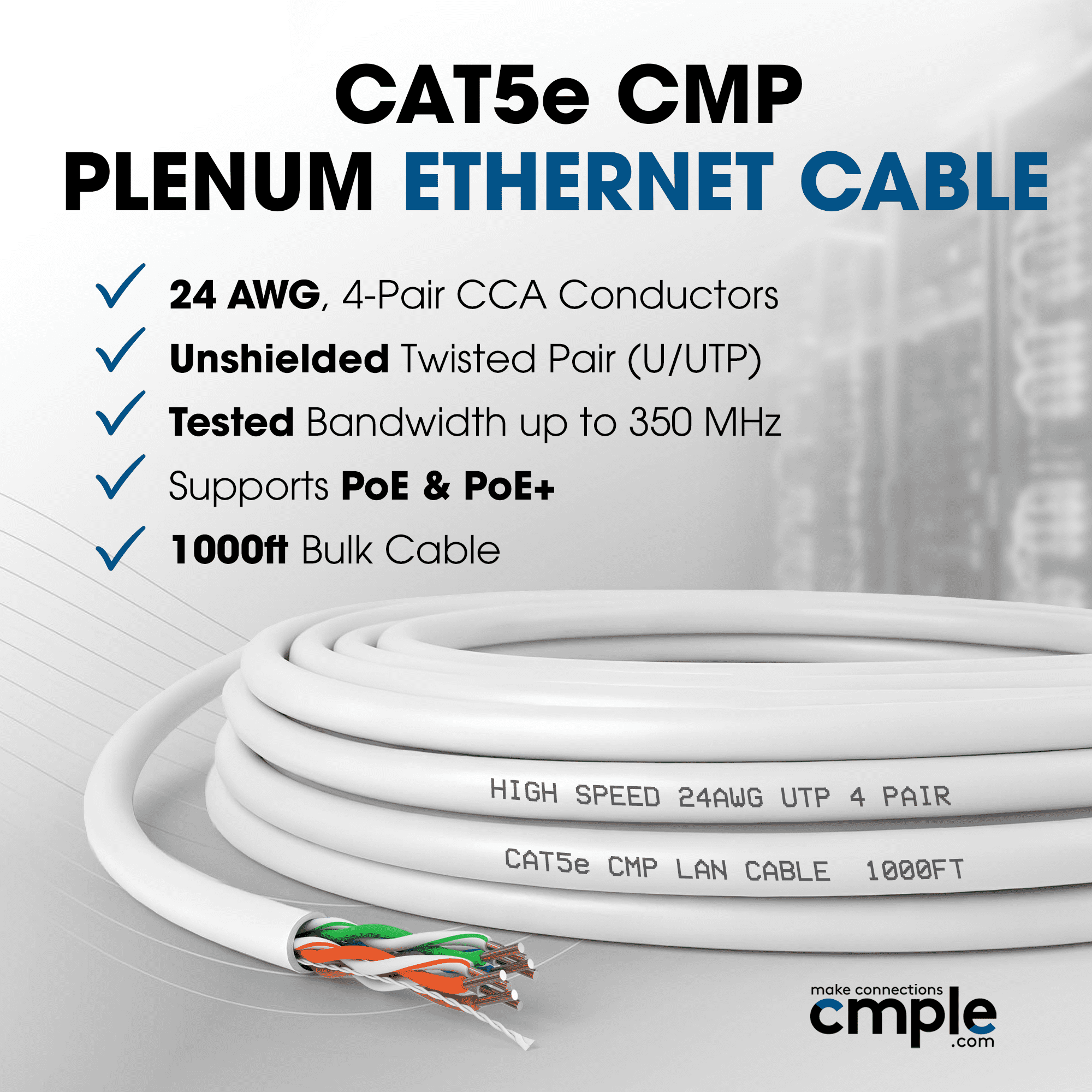 Cmple - Cat5e Plenum Cable 1000ft, CMP, White, 350MHz Gigabit Ethernet Cord Solid Network Internet Wire Bulk UTP