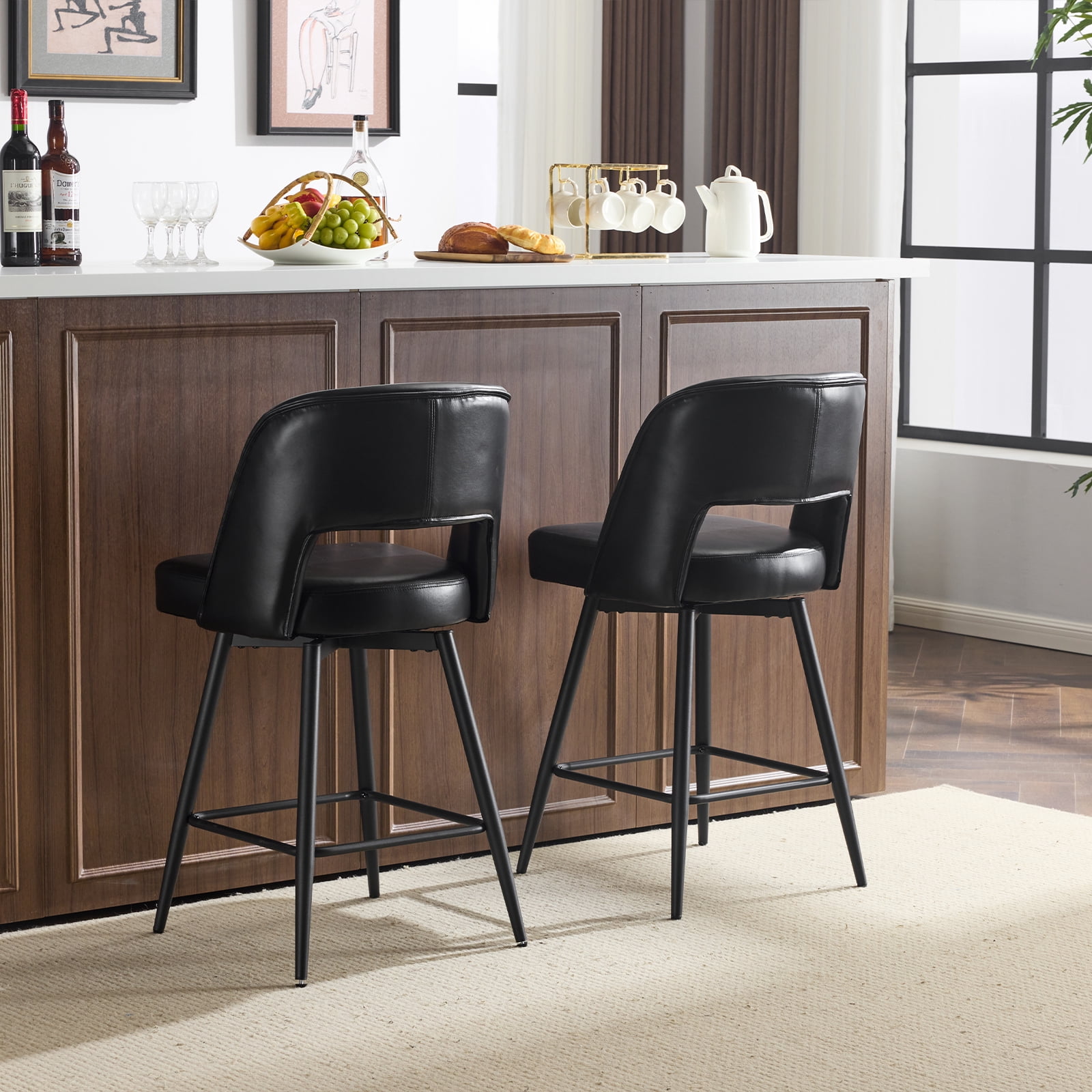 Ktaxon Swivel Barstools 2 Set, Counter Height Chairs 26in Padded Bar Height Upholstered Stools, Black