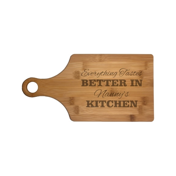 PrecisionNC Gift for Grandma Everything Tastes Better in Nanny's Kitchen Engraved Paddle Shaped Natural Wood Cutting Board Bamboo