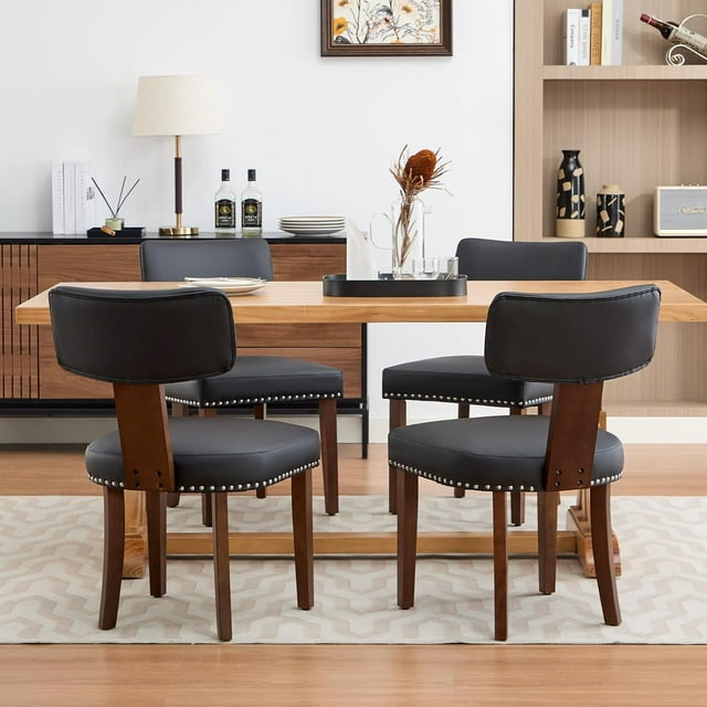 Dining Chairs Set of 4, Leather Upholstered Kitchen Dining Room Chairs with Curved Backrest and Hardwood Frame for Vanity, Living Room, Kitchen, Black