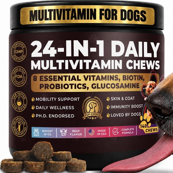 Pup Choice 24-in-1 Multivitamin Chews for Dogs with Glucosamine, Omega-3 & Probiotics – Supports Joint Health, Skin & Coat, Beef Flavor, 140 Count