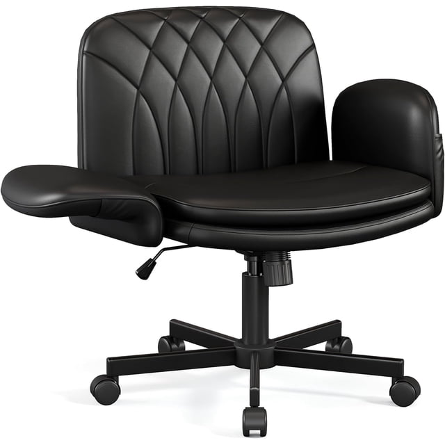 Cross Chair with Armrests & Wheels for Cross-Legged Sitting Comfortable PU Leather Vanity Chair Office Desk Chairs with Adjustable Rocking Function for Home Bedroom