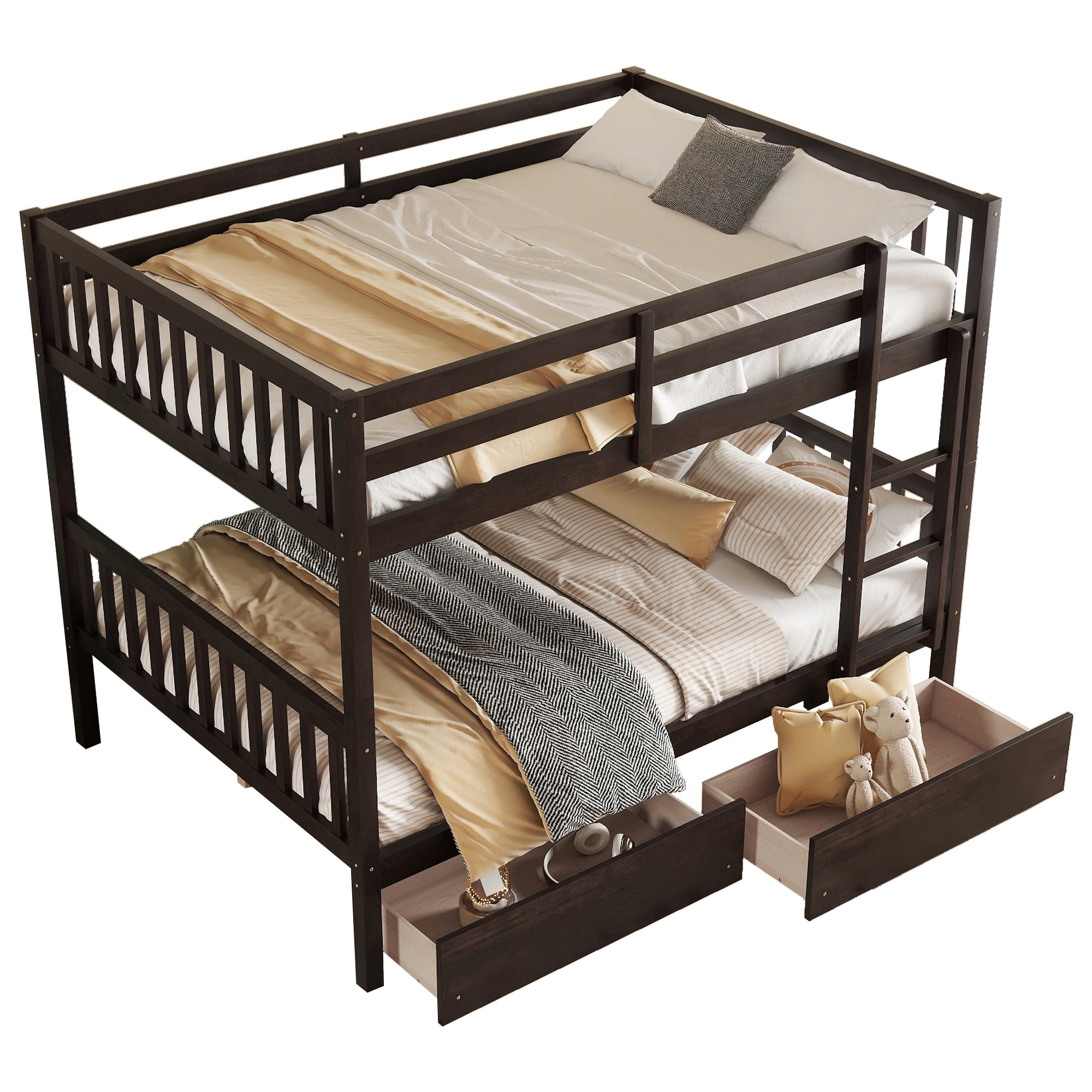 Sailvan full Over full Rubber Wood Bunk Bed with 2 Drawers, Convertible into 2 full Beds with Ladder