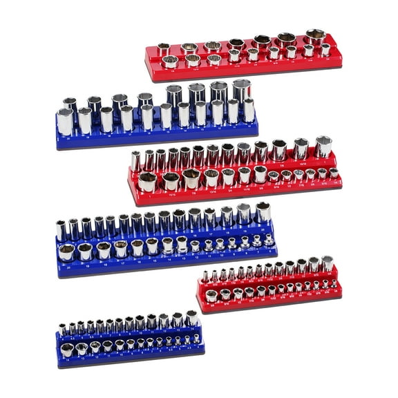KFFKFF Socket Organizer Kit, Set of 6, Socket Holders for 1/4'', 3/8'' & 1/2'' Metric SAE Socket Trays, Clear Labeling, Accommodates 143 Standard & Deep Sockets, Blue & Red (Sockets Excluded)