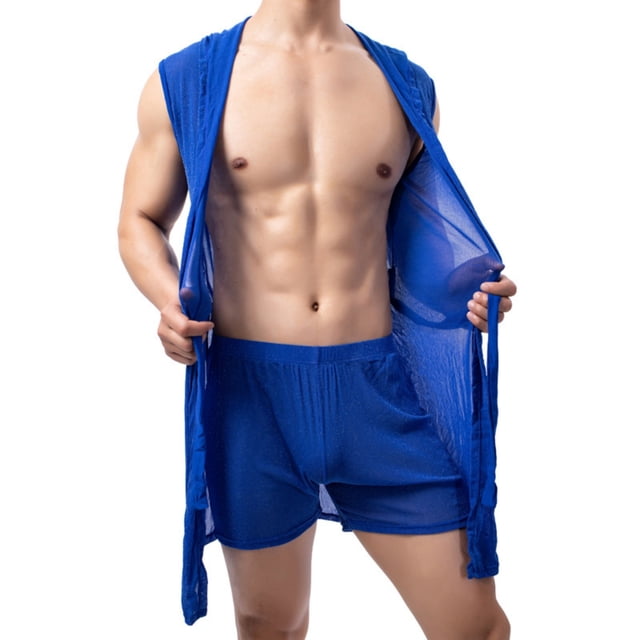 Men's Hooded Robe, Soft Lightweight Bathrobe for Men with Pockets, Casual Long Sleeve Lounge Robe for Home, Shower, or Pool