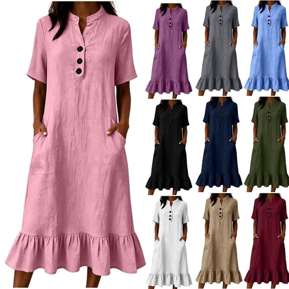 Bxsruta Womens Casual Dress Short Sleeve V Neck Shirt Dress Midi Ruffle Hem Summer Vacation