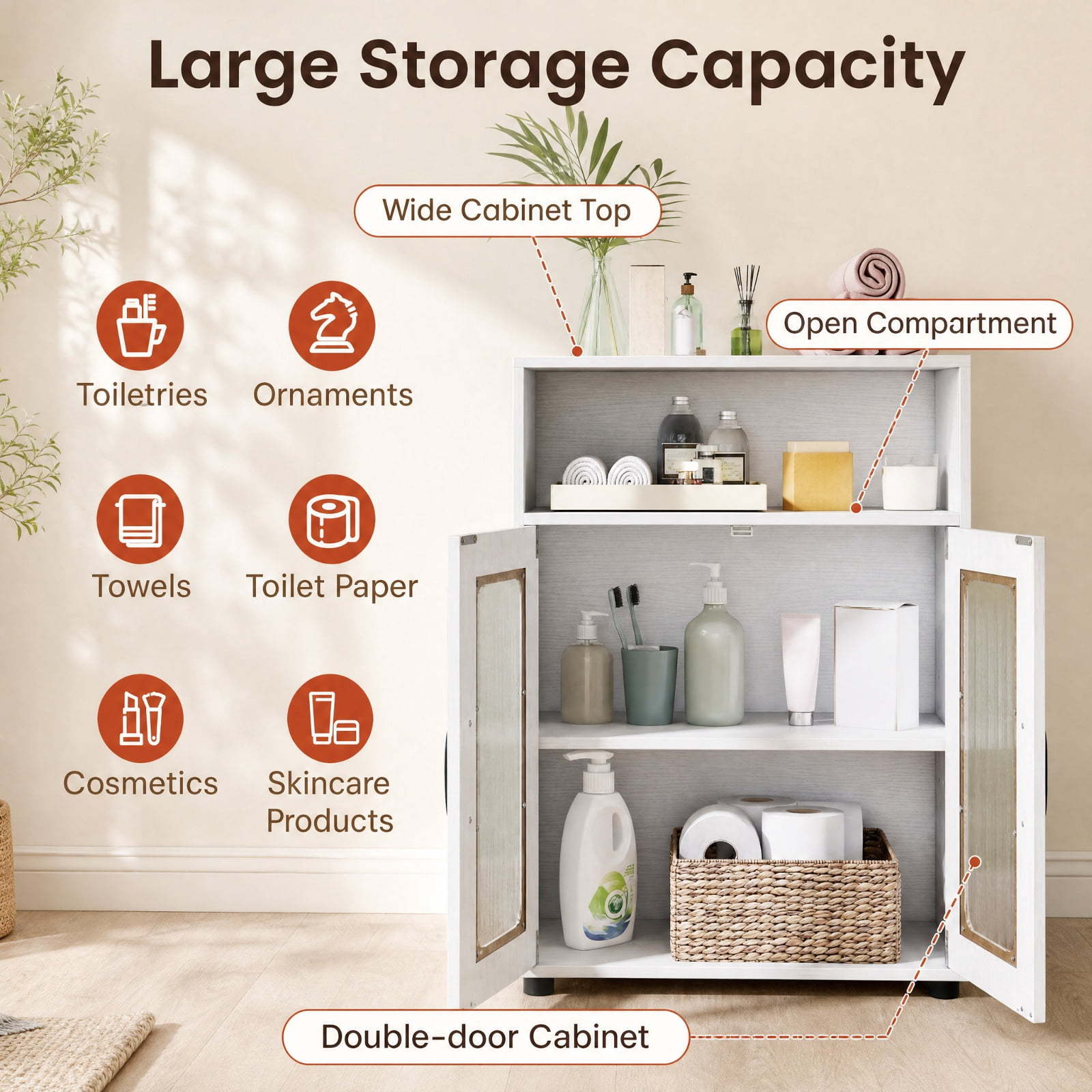 Vebreda Freestanding Bathroom Storage Cabinet, Bathroom Cabinet Freestanding Cabinet with 2 Doors and 3-Level Adjustable Shelf