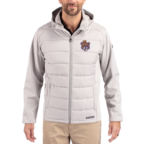 Men's Cutter & Buck Gray LSU Tigers Evoke Hybrid Eco Softshell Recycled Full Zip Hooded Jacket