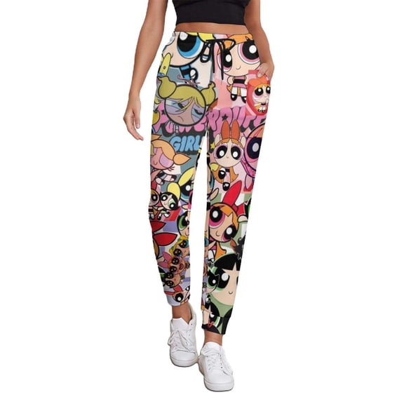 The Powerpuff Girls Women's Jogger Track Pants Print Drawstring Lounge Sweatpants Casual Trousers for Yoga, Workout S
