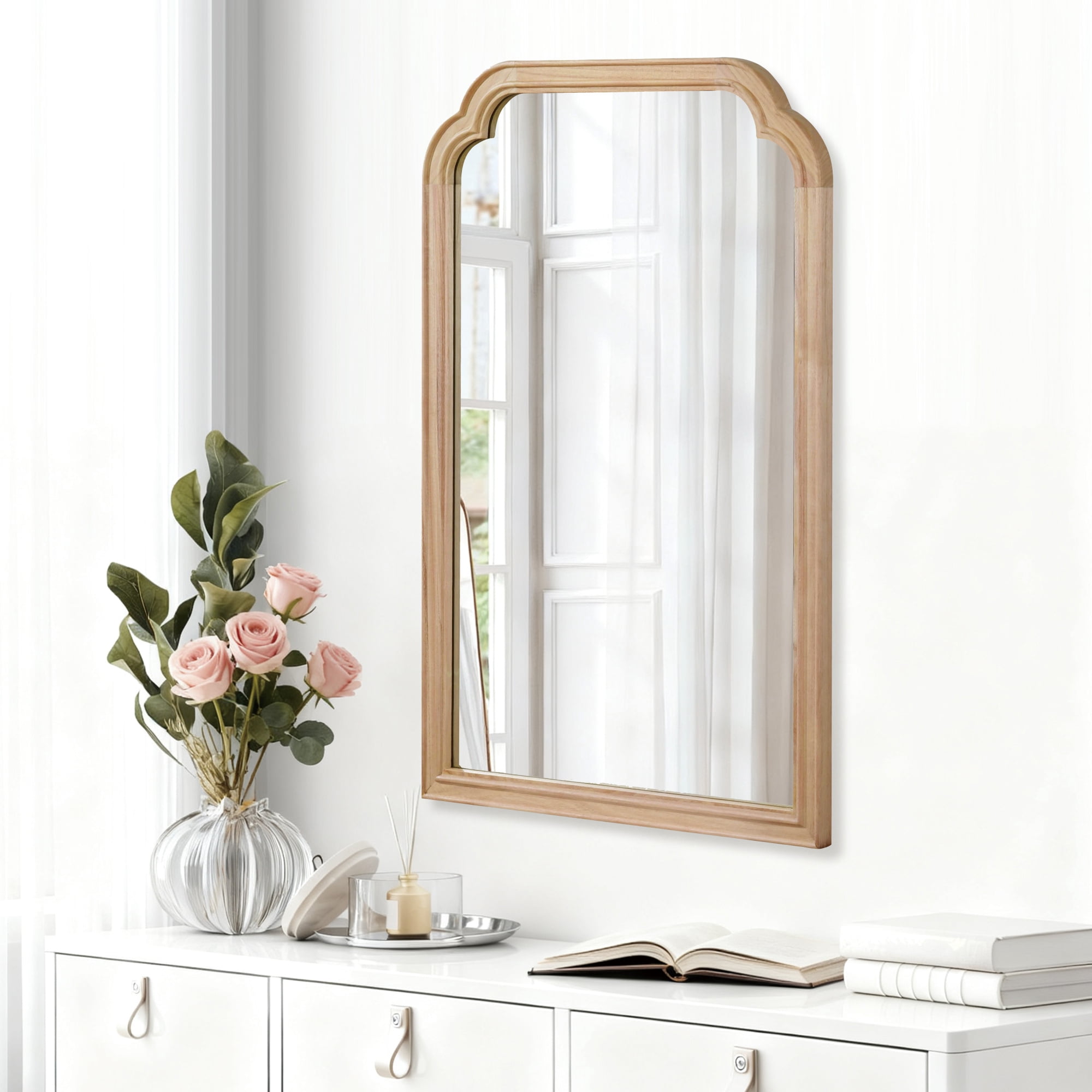 Leumius 20"x 30" Rounded Corner Mirror, Solid Wood Frame Decorative Mirror for Bedroom Bathroom Living Room Entryway Natural