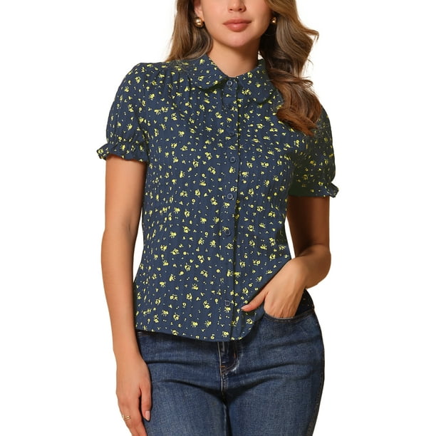 INSPIRAR CHIC Blusa de Algodón Floral con Mangas Abullonadas y Cuello Peter Pan para Mujeres, Talla XL, Azul Oscuro, Ideal para el Verano