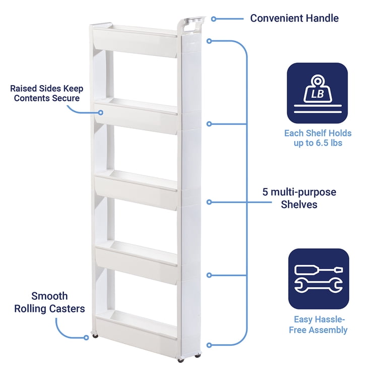Lavish Home 5-Tier Slim Slide-Out Storage Tower With Wheels - White, 5"W X 52"H, Perfect For Tight Spaces