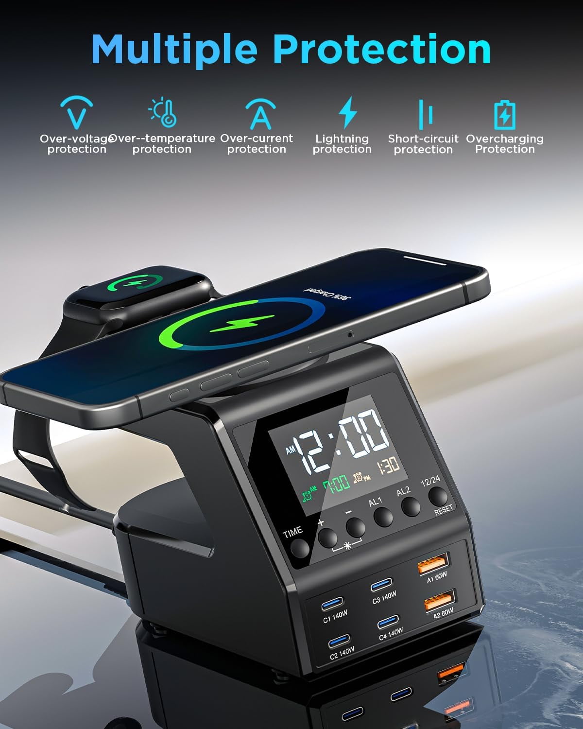 240W GaN Charging Station for Multiple Devices,8-Port Wireless Charger USB C Fast for MacBook/iPhone/Android Phones/iPad/Tablets, with Alarm Time Display