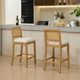 thumbnail image 3 of Set of 4 Solid Wood Rattan-Back Bar Stool, Matte Linen Cushion with High-Resilience Foam & S-Springs, Ideal for Rustic/Natural Style Kitchen Island, Low Bar in Dining Room & Café, 3 of 12