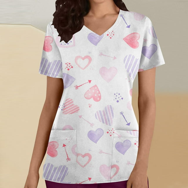 TIMIFIS Haut de Sarrau Blanc Femme Imprimé Manches Courtes Col en V Hauts Uniforme de Travail Joyeuse Saint-Valentin Impression avec Poche Blouse Hauts avec Poches-Blanc Imprimé