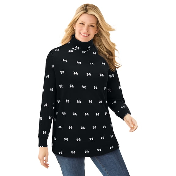 Woman Within Plus Size Perfect Printed Long-Sleeve Turtleneck Tee