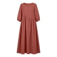 thumbnail image 4 of Oksale 3/4 Sleeve Dress for Women Summer Flowy A Line Mid Length Dresses Casual Round Neck Pleated Linen Dress Beach Sundress 2026 Wine S, 4 of 8